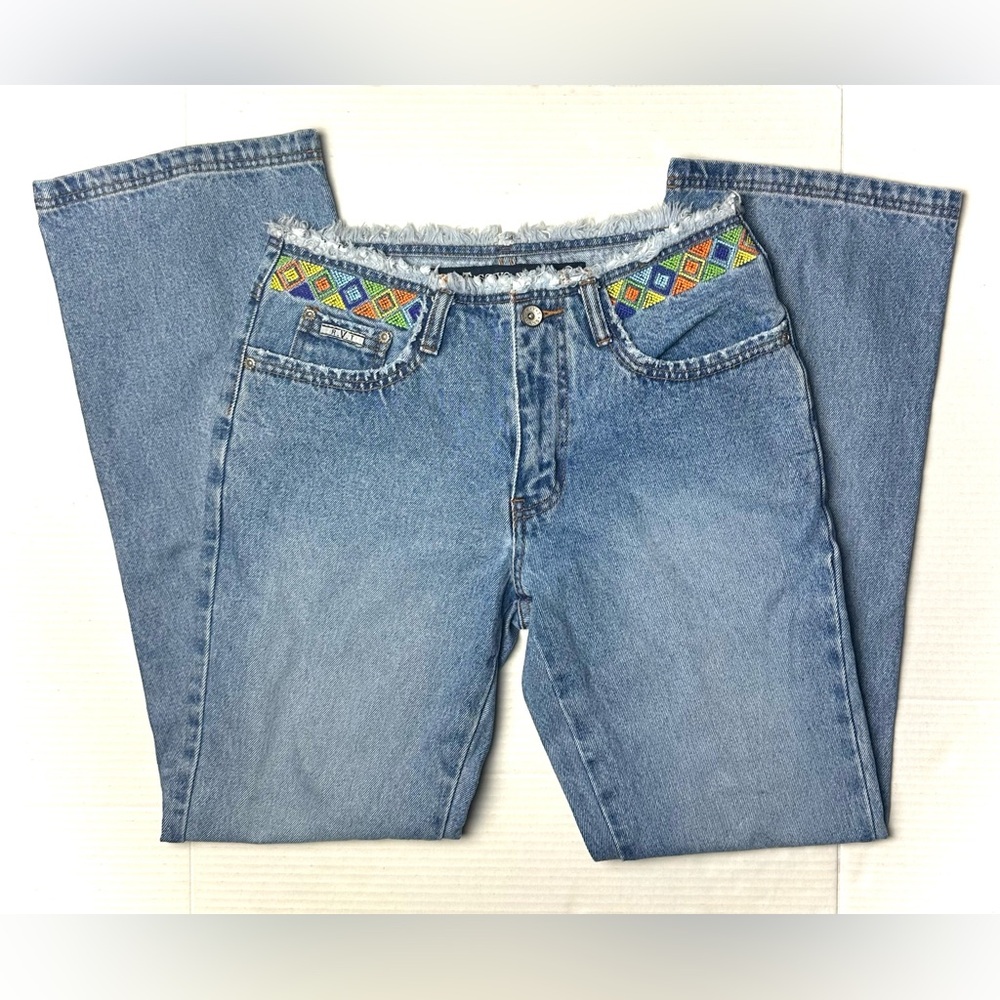 Vintage RVT Jeans Womens Juniors 7 / 8 Blue 90’s‎ Y2K Blue Embroidered Fringe